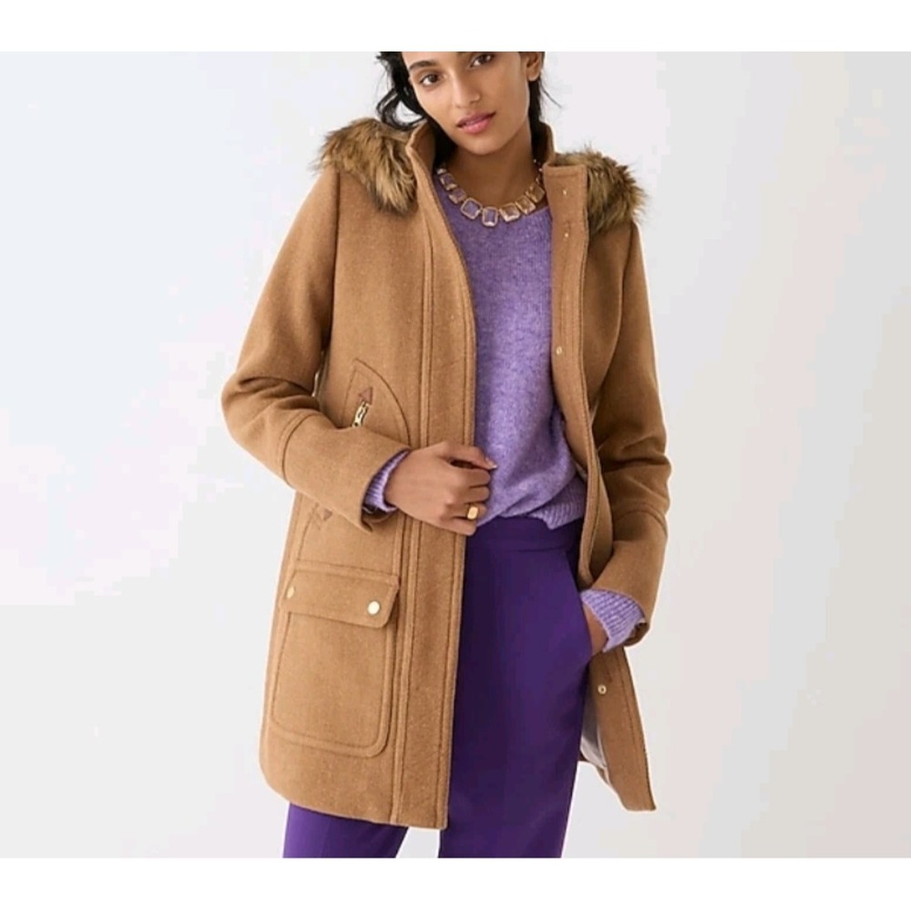 J.Crew Chateau Parka Italian Stadium Cloth Wool Coat Heather Caramel 2P Faux Fur
